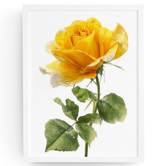 Watercolor Single Yellow Rose Wall Art Print Poster, Unframed - Delicate Floral - Picture 1 of 6
